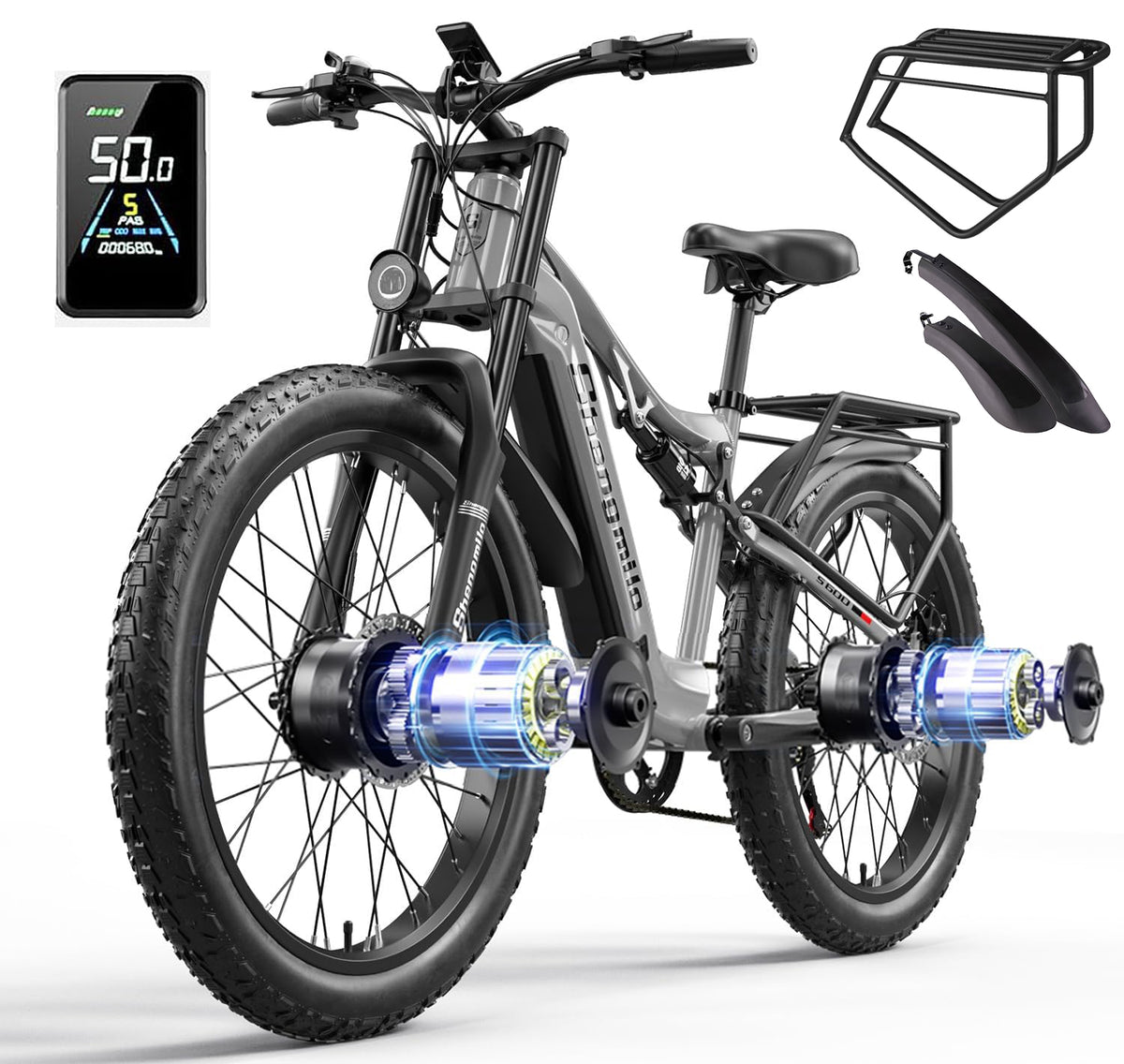 shengmilo S600 Dual Motor 2000W 48V17.5AH Electric Mountain Bike , 60 km range, 840 watt-hours